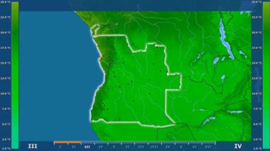 Animasyonlu efsanesi - parlayan şekli, idari sınırları, ana şehirler, sermaye ile Angola alanında minimum sıcaklığı aya göre. Sterografik projeksiyon