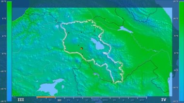 Animasyonlu efsanesi - parlayan şekli, idari sınırları, ana şehirler, sermaye ile Ermenistan alanında ortalama sıcaklık aya göre. Sterografik projeksiyon