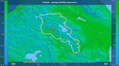 Ortalama sıcaklık ay tarafından animasyonlu gösterge - İngilizce etiketleri Ermenistan bölge: ülke ve sermaye adları, açıklama göster. Sterografik projeksiyon