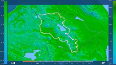 Animasyonlu efsanesi - parlayan şekli, idari sınırları, ana şehirler, sermaye ile Ermenistan alanında maksimum sıcaklık aya göre. Sterografik projeksiyon