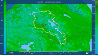 Aya göre maksimum sıcaklık animasyonlu gösterge - İngilizce etiketleri Ermenistan bölge: ülke ve sermaye adları, açıklama göster. Sterografik projeksiyon