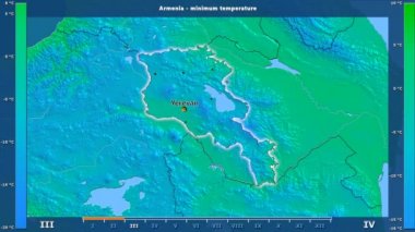 Aya göre minimum sıcaklığı animasyonlu gösterge - İngilizce etiketleri Ermenistan bölge: ülke ve sermaye adları, açıklama göster. Sterografik projeksiyon