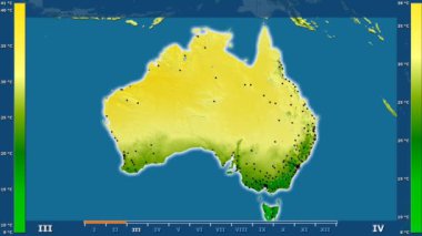 Animasyonlu efsanesi - parlayan şekli, idari sınırları, ana şehirler, sermaye ile Avustralya alanında maksimum sıcaklık aya göre. Sterografik projeksiyon