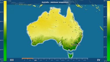 Aya göre maksimum sıcaklık animasyonlu efsanesi - İngilizce etiketleri ile Avustralya alanında: ülke ve sermaye adları, açıklama göster. Sterografik projeksiyon