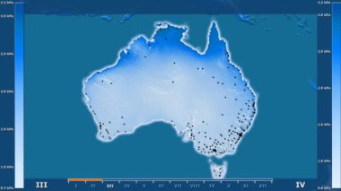 Animasyonlu gösterge - parlayan şekli, idari sınırları, ana şehirler, sermaye ile Avustralya bölgede su buharı basıncı aya göre. Sterografik projeksiyon