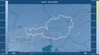 Aya göre güneş radyasyonu animasyonlu efsanesi - İngilizce etiketleri ile Avusturya alanında: ülke ve sermaye adları, açıklama göster. Sterografik projeksiyon