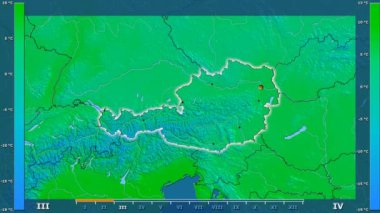 Animasyonlu efsanesi - parlayan şekli, idari sınırları, ana şehirler, sermaye ile Avusturya alanında ortalama sıcaklık aya göre. Sterografik projeksiyon