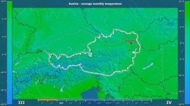 Ortalama sıcaklık ay tarafından animasyonlu efsanesi - İngilizce etiketleri ile Avusturya alanında: ülke ve sermaye adları, açıklama göster. Sterografik projeksiyon