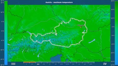 Aya göre maksimum sıcaklık animasyonlu efsanesi - İngilizce etiketleri ile Avusturya alanında: ülke ve sermaye adları, açıklama göster. Sterografik projeksiyon