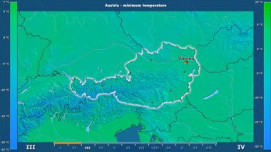 Animasyonlu efsanesi - İngilizce etiketleri ile Avusturya alanında aya göre minimum sıcaklığı: ülke ve sermaye adları, açıklama göster. Sterografik projeksiyon