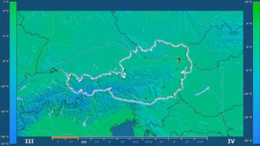 Animasyonlu efsanesi - parlayan şekli, idari sınırları, ana şehirler, sermaye ile Avusturya alanında minimum sıcaklığı aya göre. Sterografik projeksiyon