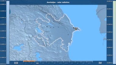 Aya göre güneş radyasyonu animasyonlu efsanesi - İngilizce etiketleri ile Azerbaycan bölgesinde: ülke ve sermaye adları, açıklama göster. Sterografik projeksiyon