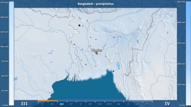 Animasyonlu efsanesi - İngilizce etiketleri ile Bangladeş alan aya göre Yağış: ülke ve sermaye adları, açıklama göster. Sterografik projeksiyon