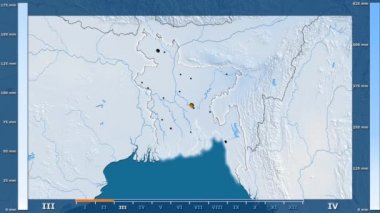 Animasyonlu efsanesi - parlayan şekli, idari sınırları, ana şehirler, sermaye ile Bangladeş alan yağış aya göre. Sterografik projeksiyon