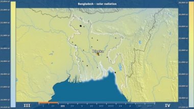 Aya göre güneş radyasyonu animasyonlu efsanesi - İngilizce etiketleri ile Bangladeş alanında: ülke ve sermaye adları, açıklama göster. Sterografik projeksiyon