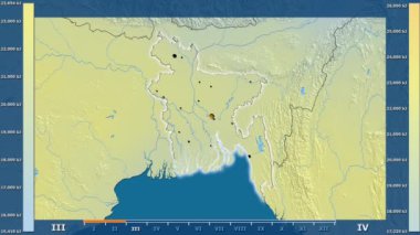 Animasyonlu efsanesi - parlayan şekli, idari sınırları, ana şehirler, sermaye ile Bangladeş alanında güneş radyasyonu aya göre. Sterografik projeksiyon