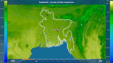Ortalama sıcaklık ay tarafından animasyonlu efsanesi - İngilizce etiketleri ile Bangladeş alanında: ülke ve sermaye adları, açıklama göster. Sterografik projeksiyon