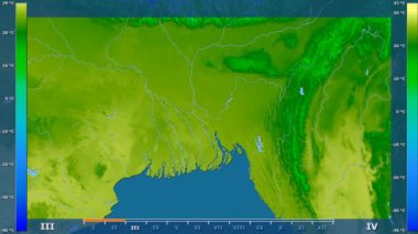 Animasyonlu efsanesi - ham renk shader ile Bangladeş alanında ortalama sıcaklık aya göre. Sterografik projeksiyon
