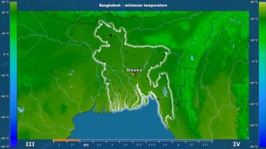 Animasyonlu efsanesi - İngilizce etiketleri ile Bangladeş alan aya göre minimum sıcaklığı: ülke ve sermaye adları, açıklama göster. Sterografik projeksiyon
