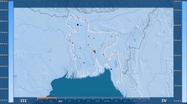 Hız animasyonlu efsanesi - parlayan şekli, idari sınırları, ana şehirler, sermaye ile Bangladeş alan aya göre rüzgar. Sterografik projeksiyon