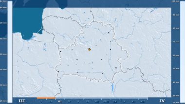 Animasyonlu gösterge - parlayan şekli, idari sınırları, ana şehirler, sermaye ile Beyaz Rusya bölgede yağış aya göre. Sterografik projeksiyon