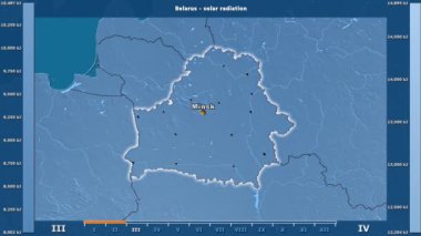 Aya göre güneş radyasyonu animasyonlu gösterge - İngilizce etiketleri ile Beyaz Rusya bölgede: ülke ve sermaye adları, açıklama göster. Sterografik projeksiyon
