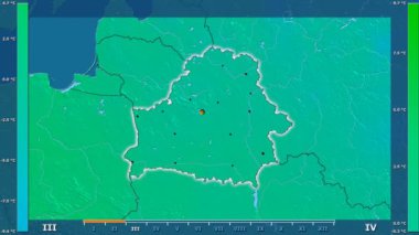 Animasyonlu gösterge - parlayan şekli, idari sınırları, ana şehirler, sermaye ile Beyaz Rusya bölgede ortalama sıcaklık aya göre. Sterografik projeksiyon