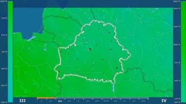 Animasyonlu gösterge - parlayan şekli, idari sınırları, ana şehirler, sermaye ile Beyaz Rusya bölgede maksimum sıcaklık aya göre. Sterografik projeksiyon