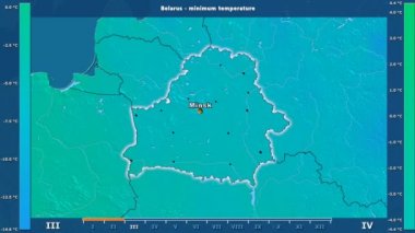 Animasyonlu gösterge - İngilizce etiketleri ile Beyaz Rusya bölgede aya göre minimum sıcaklığı: ülke ve sermaye adları, açıklama göster. Sterografik projeksiyon