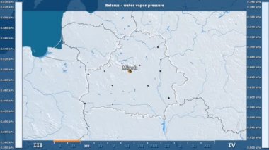 Animasyonlu gösterge - İngilizce etiketleri ile Beyaz Rusya bölgede aya göre su buhar basıncı: ülke ve sermaye adları, açıklama göster. Sterografik projeksiyon