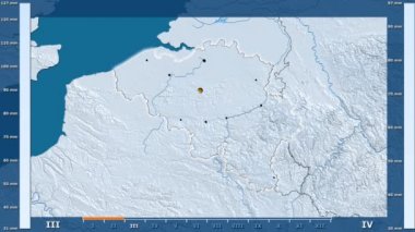 Animasyonlu gösterge - parlayan şekli, idari sınırları, ana şehirler, sermaye ile Belçika bölgede yağış aya göre. Sterografik projeksiyon