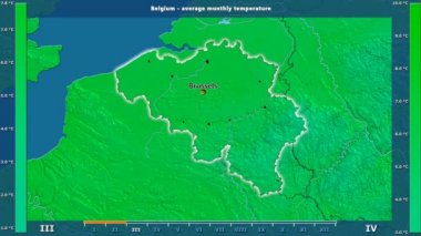 Ortalama sıcaklık ay tarafından animasyonlu efsanesi - İngilizce etiketleri ile Belçika alanında: ülke ve sermaye adları, açıklama göster. Sterografik projeksiyon