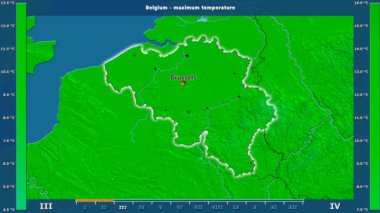Aya göre maksimum sıcaklık animasyonlu efsanesi - İngilizce etiketleri ile Belçika alanında: ülke ve sermaye adları, açıklama göster. Sterografik projeksiyon