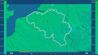 Animasyonlu efsanesi - parlayan şekli, idari sınırları, ana şehirler, sermaye ile Belçika alanında minimum sıcaklığı aya göre. Sterografik projeksiyon