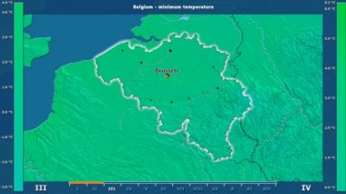Animasyonlu efsanesi - İngilizce etiketleri ile Belçika alanında aya göre minimum sıcaklığı: ülke ve sermaye adları, açıklama göster. Sterografik projeksiyon