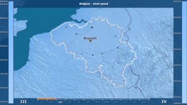 Rüzgar hızı aya göre animasyonlu efsanesi - İngilizce etiketleri ile Belçika alanında: ülke ve sermaye adları, açıklama göster. Sterografik projeksiyon