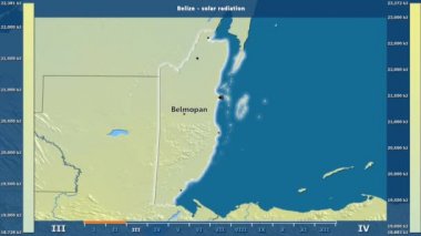 Aya göre güneş radyasyonu animasyonlu efsanesi - İngilizce etiketleri ile Belize alanında: ülke ve sermaye adları, açıklama göster. Sterografik projeksiyon
