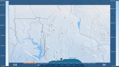 Animasyonlu gösterge - parlayan şekli, idari sınırları, ana şehirler, sermaye Benin alanıyla yağış aya göre. Sterografik projeksiyon