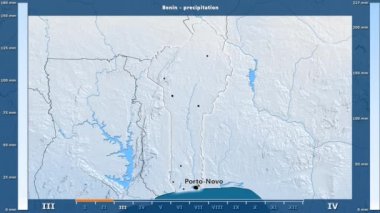 Animasyonlu gösterge - İngilizce etiketleri Benin alanıyla aya göre Yağış: ülke ve sermaye adları, açıklama göster. Sterografik projeksiyon