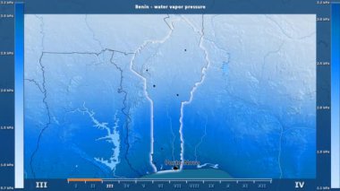 Animasyonlu gösterge - İngilizce etiketleri Benin alanıyla aya göre su buharı basıncı: ülke ve sermaye adları, açıklama göster. Sterografik projeksiyon