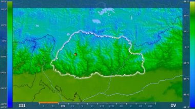 Aya göre ortalama sıcaklığında animasyonlu efsanesi - parlayan şekli, idari sınırları, ana şehirler, sermaye ile Bhutan Alan. Sterografik projeksiyon