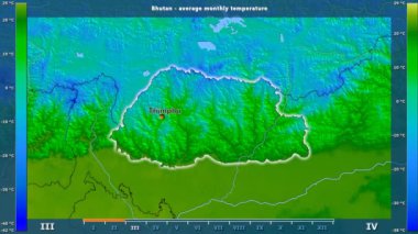 Ortalama sıcaklık ay tarafından animasyonlu efsanesi - İngilizce etiketleri ile Bhutan Alan: ülke ve sermaye adları, açıklama göster. Sterografik projeksiyon