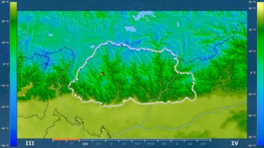 Bhutan alan animasyonlu efsanesi - parlayan şekli, idari sınırları, ana şehirler, sermaye ile maksimum sıcaklık aya göre. Sterografik projeksiyon
