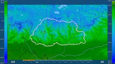 Animasyonlu efsanesi - parlayan şekli, idari sınırları, ana şehirler, sermaye ile Bhutan alanında minimum sıcaklığı aya göre. Sterografik projeksiyon