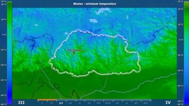 Bhutan alan animasyonlu efsanesi - İngilizce etiketleri ile aya göre minimum sıcaklığı: ülke ve sermaye adları, açıklama göster. Sterografik projeksiyon