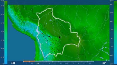 Animasyonlu efsanesi - parlayan şekli, idari sınırları, ana şehirler, sermaye ile Bolivya alanında minimum sıcaklığı aya göre. Sterografik projeksiyon