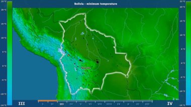 Bolivya alan animasyonlu efsanesi - İngilizce etiketleri ile aya göre minimum sıcaklığı: ülke ve sermaye adları, açıklama göster. Sterografik projeksiyon