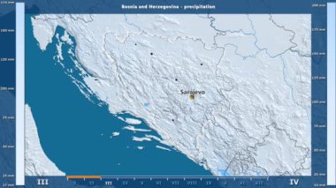 Animasyonlu efsanesi - İngilizce etiketleri ile Bosna ve Hersek alan aya göre Yağış: ülke ve sermaye adları, açıklama göster. Sterografik projeksiyon