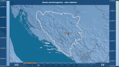 Aya göre güneş radyasyonu animasyonlu efsanesi - İngilizce etiketleri ile Bosna ve Hersek alanında: ülke ve sermaye adları, açıklama göster. Sterografik projeksiyon