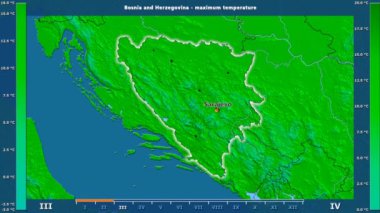Aya göre maksimum sıcaklık animasyonlu efsanesi - İngilizce etiketleri ile Bosna ve Hersek alanında: ülke ve sermaye adları, açıklama göster. Sterografik projeksiyon